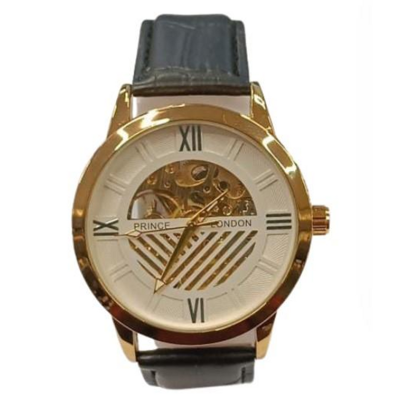 NY London Mens Automatic Dial Analogue Gold/White with Black Leather Strap Watch