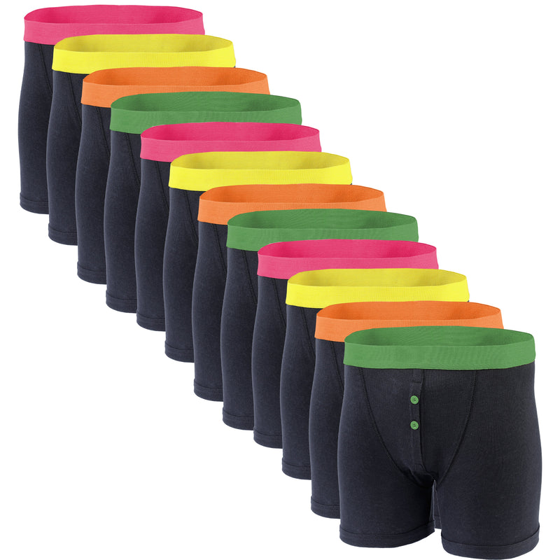 12 Pack Classic Menswear Black Cotton Blend Boxer Shorts Breathable Activewear Comfortable Stretch Colourful Waistband Durable Lightweight Button Fly Underwear MB08 by Sock Stack