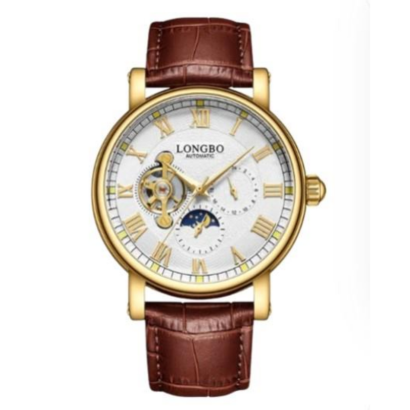NY London Mens Automatic Hollow mechanical Dial Analogue Gold/Brown Leather Strap Watch