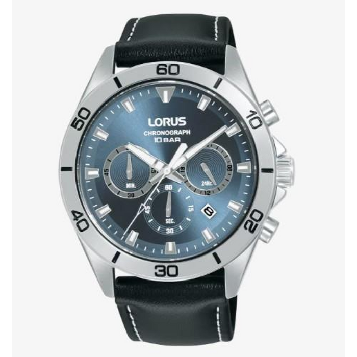 Lorus Mens Fashion Sports Chronograph Date Grey/Blue sunray Dial Black Leather strap Watch RT341KX9
