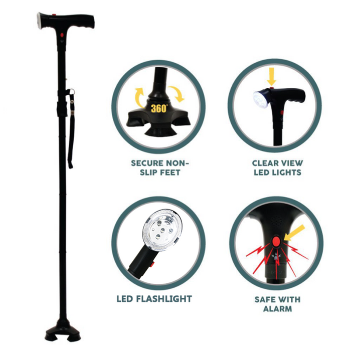 Camping Hiking Walking Stick 5-Level Height Adjustable Folding Walking Cane with LED Light And Alarm