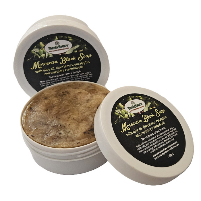 SheaByNaTure MOROCCAN Black Soap. 100% Pure and Natural Soap Made from Olive Oil, coconut oil and Olive Leaves, using traditional Moroccan Method with Eucalyptus and Rosemary essential oil.