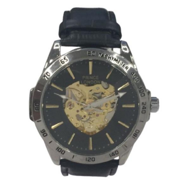 NY London Mens Automatic Dial Analogue Silver/Black Leather Strap Watch