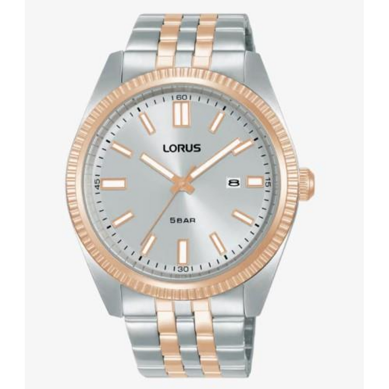 Lorus Mens Basic Fashion Date Grey Sunray Dial Two tone Rose gold and Silver Stainless Steel Bracelet Watch RH974QX9