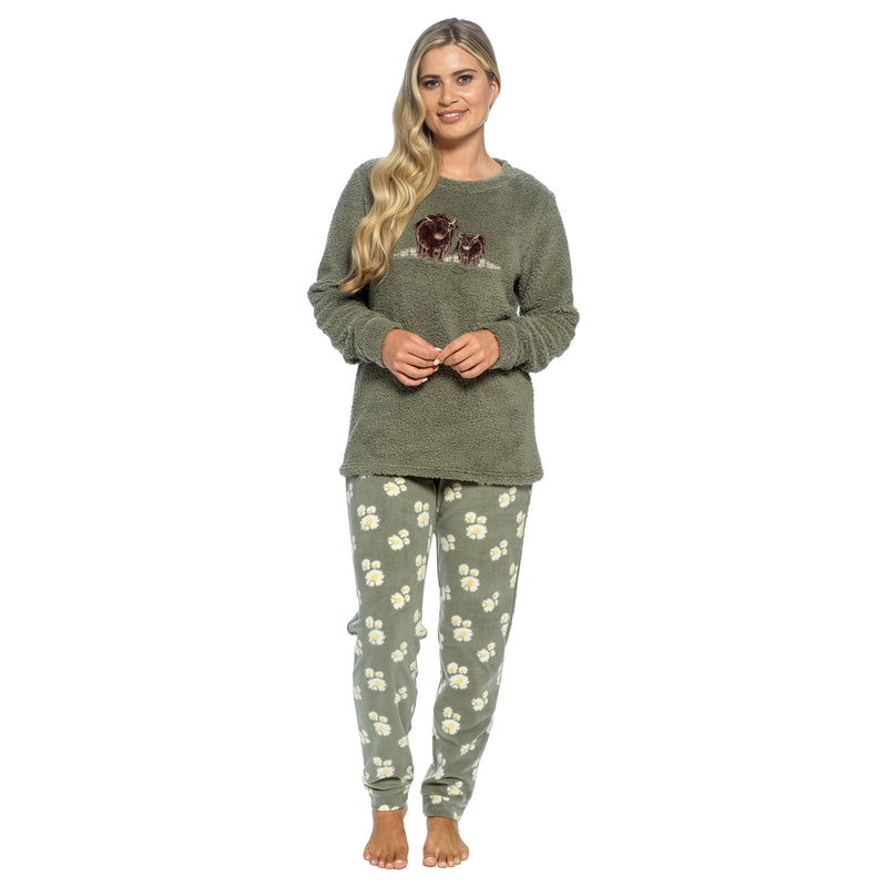 Women's Highland Cow Cotton Jersey Pyjama Set Long Sleeve Lounge Wear PJs with Elasticated Waistband by Daisy Dreamer