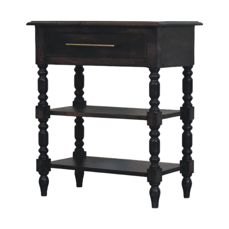 Artisan Furniture Solid Wood Heritage Turned-Leg Side Table, 1 Drawer & 2 Shelves, Black