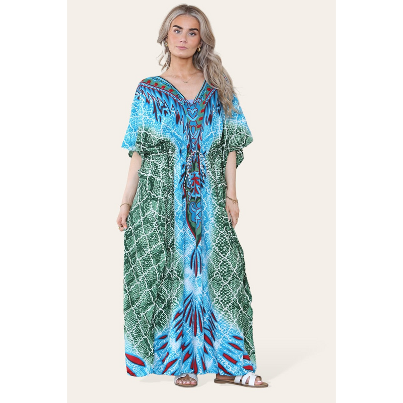 Elegant Long Caftan with Vibrant Green Geometric Print and Adjustable Cinched Waist