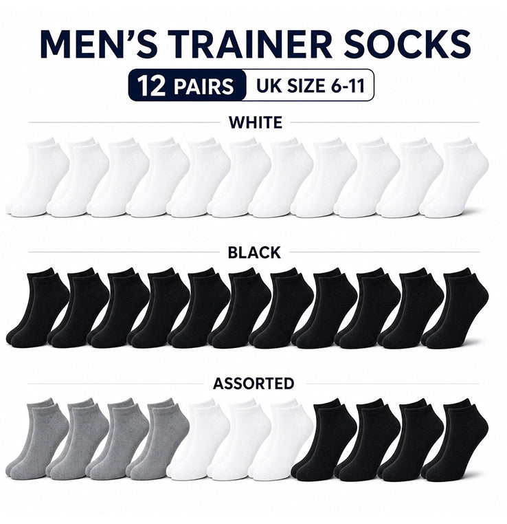 12 Pairs Mens Breathable Sport Trainer Socks with Arch Brace Support and Anti-Crimping Design for Running Gym Workouts Durable Cotton Blend White and Black Sizes UK 6-11 by Sock Stack