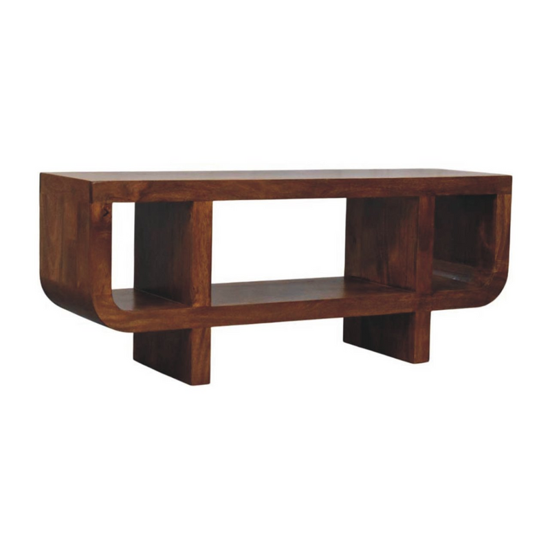 Artisan Furniture Solid Wood Orion Curved Chestnut Media Unit, 3 Open Shelves, Dark Brown