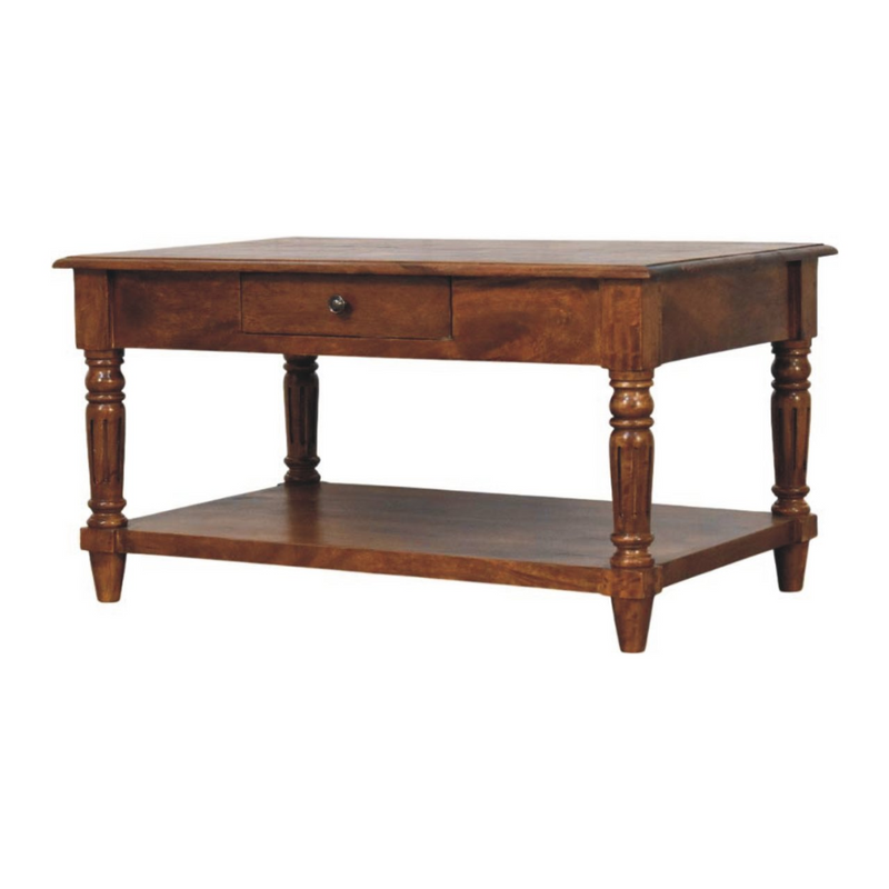 Artisan Furniture Solid Wood Turned Legs Chestnut Coffee Table, 2 Drawers and 1 Shelf, Dark Brown