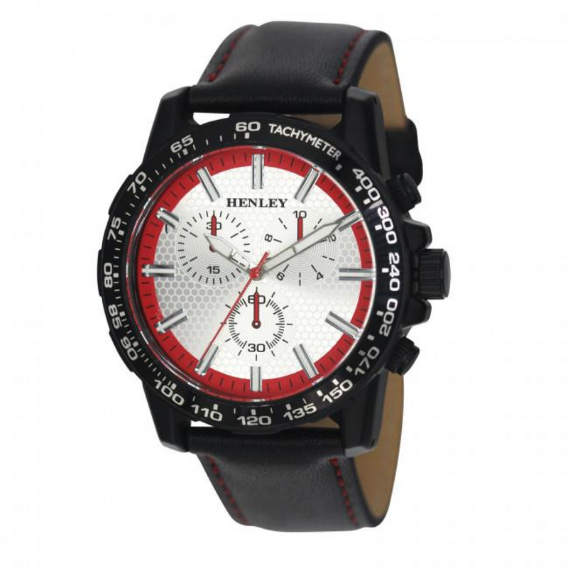 Henley Mens Satin Black Sports Coloured Stitch Multi Eye Watch Red H03015.20