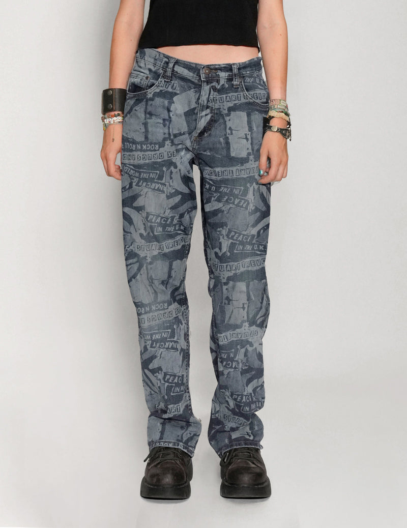 'Peace' Laser Print Jeans in Indigo