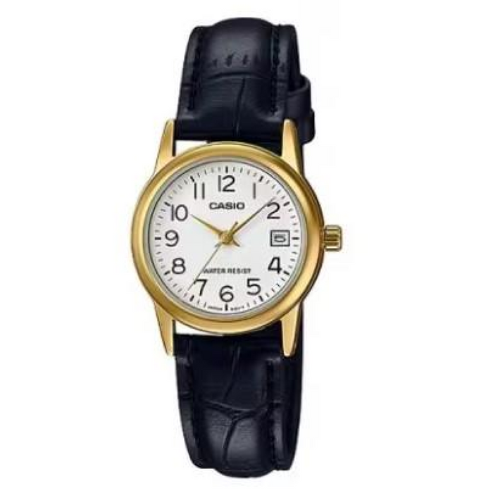 Casio Ladies Dated Analogue Designer White Dial Black Leather Strap Watch