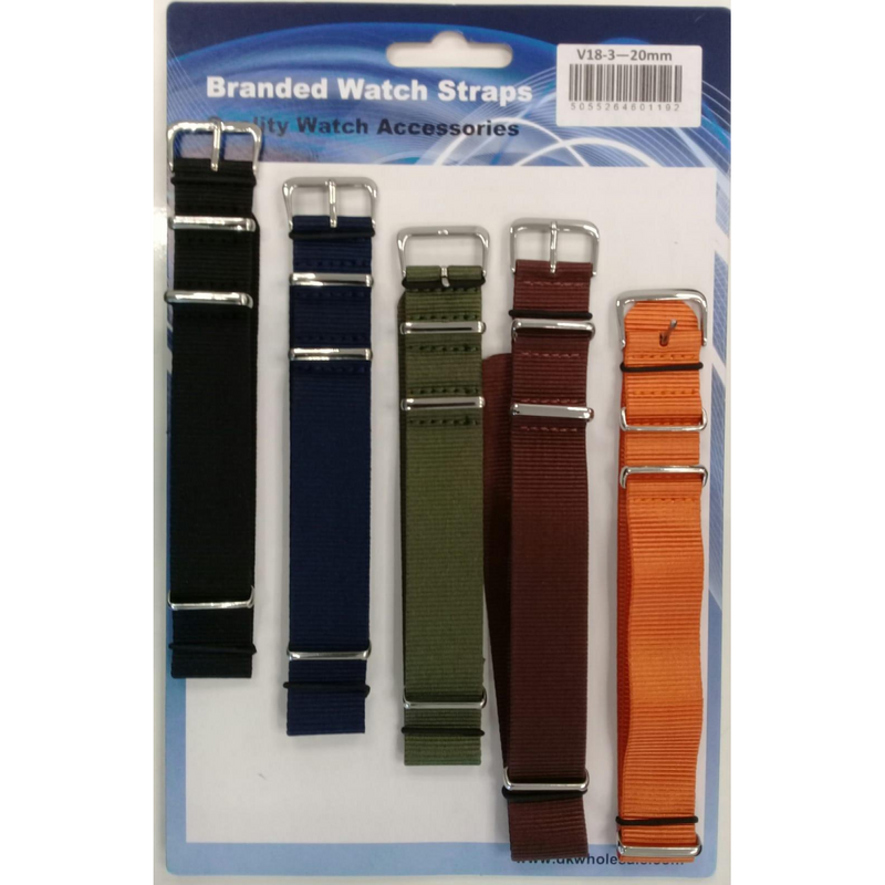 Nato style fabric watch strap 5pk assorted plain colours V18.20mm
