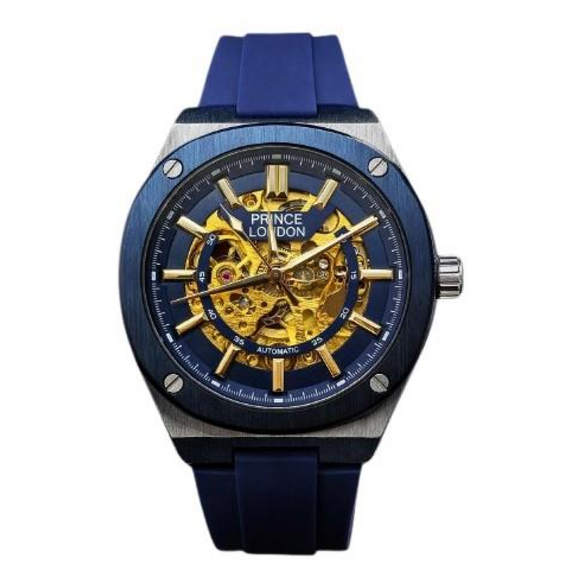 NYL Mens Fashion Automatic Rubber Mechanical Square Face Dial Analogue Silver/Blue Rubber Strap Watch NY London