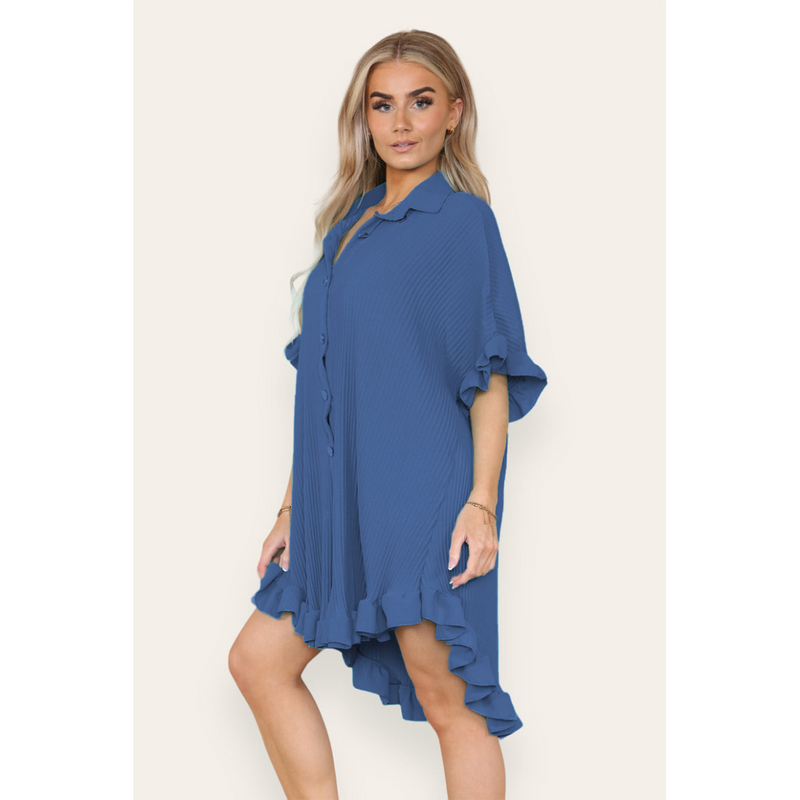 Over Sized Italian Gold Button Pleated Frill Ruffle TikTok Dress Top