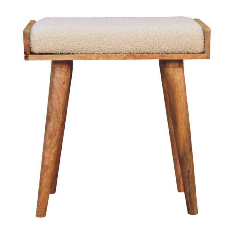 Artisan Furniture Solid Mango Wood Boucle Cream Tray Style Footstool