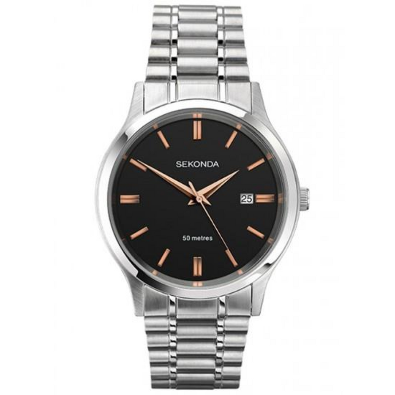 Sekonda Mens Fashion Dated Black Dial Silver Bracelet Watch - 1192