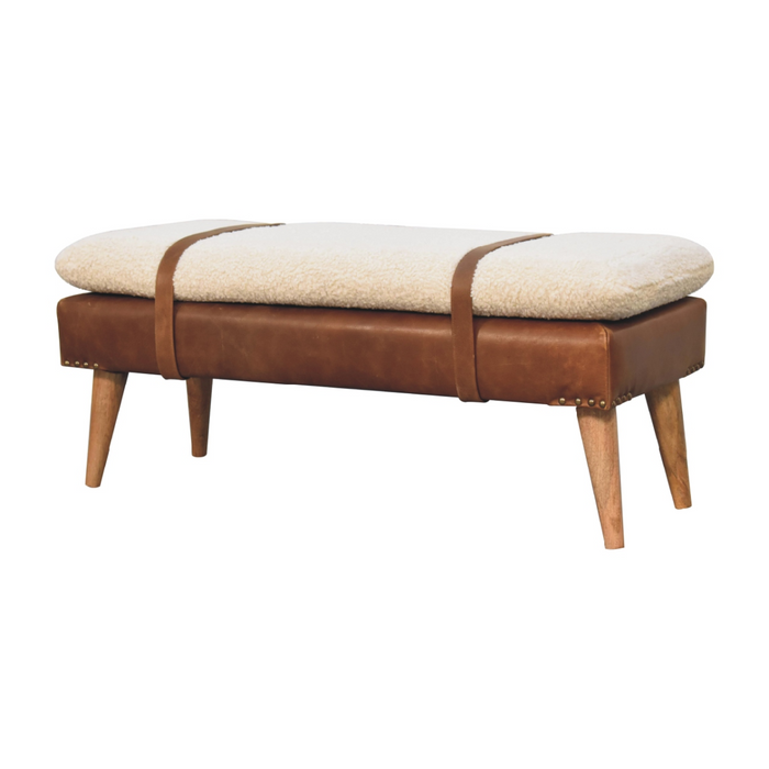Artisan Furniture Solid Wood Boucle Buffalo Hide Leather Bench