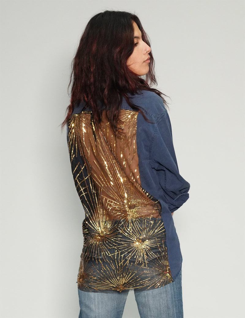 Party Back Shirt - Gold Sequin - Blue Cotton