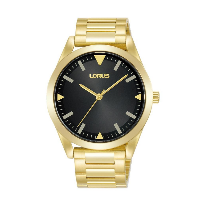 Lorus Mens Black Dial Gold Plated Stainless steel Bracelet Watch RG292UX9