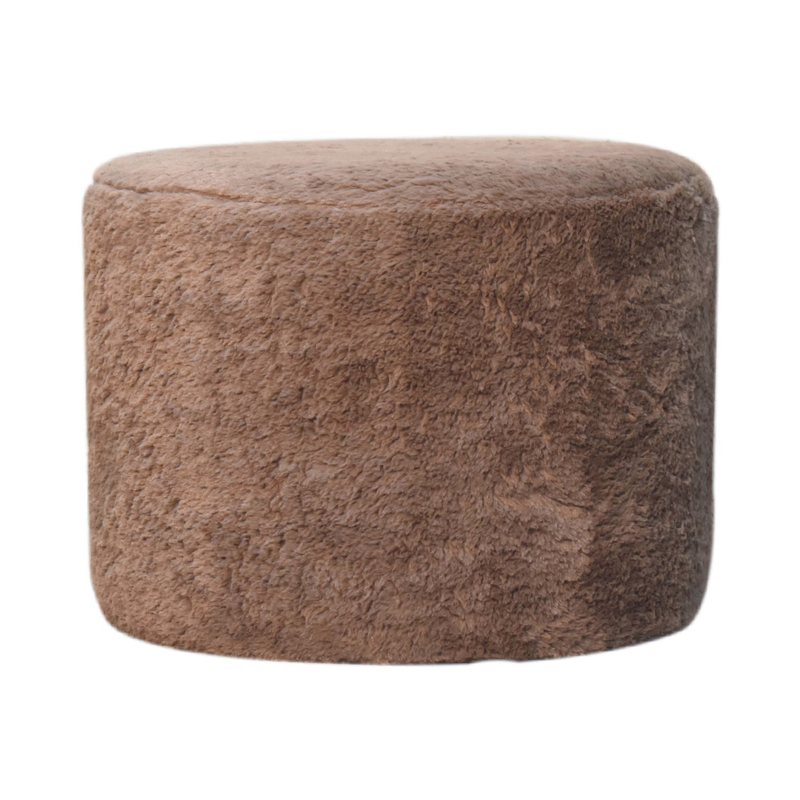 Artisan Furniture Solid Wood Faux Fur Round Footstool, Brown