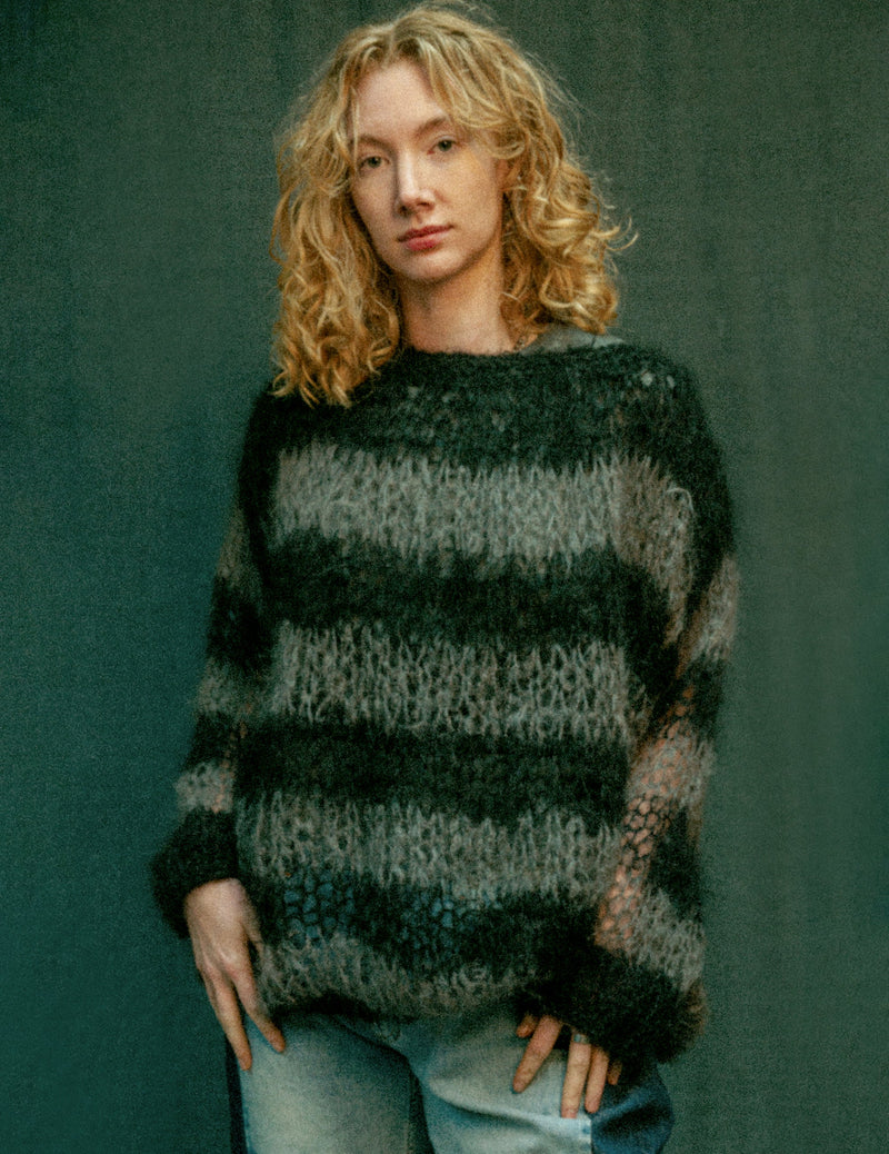 "PISTOLS" Mohair Hand Knit Sweater - Grey & Black