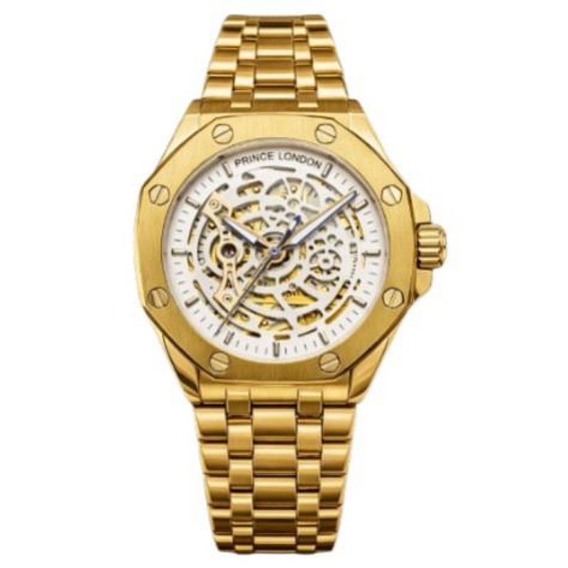 NYL Mens Automatic Metal Hollow mechanical Dial Analogue Gold/White Metal Bracelet Watch NY London