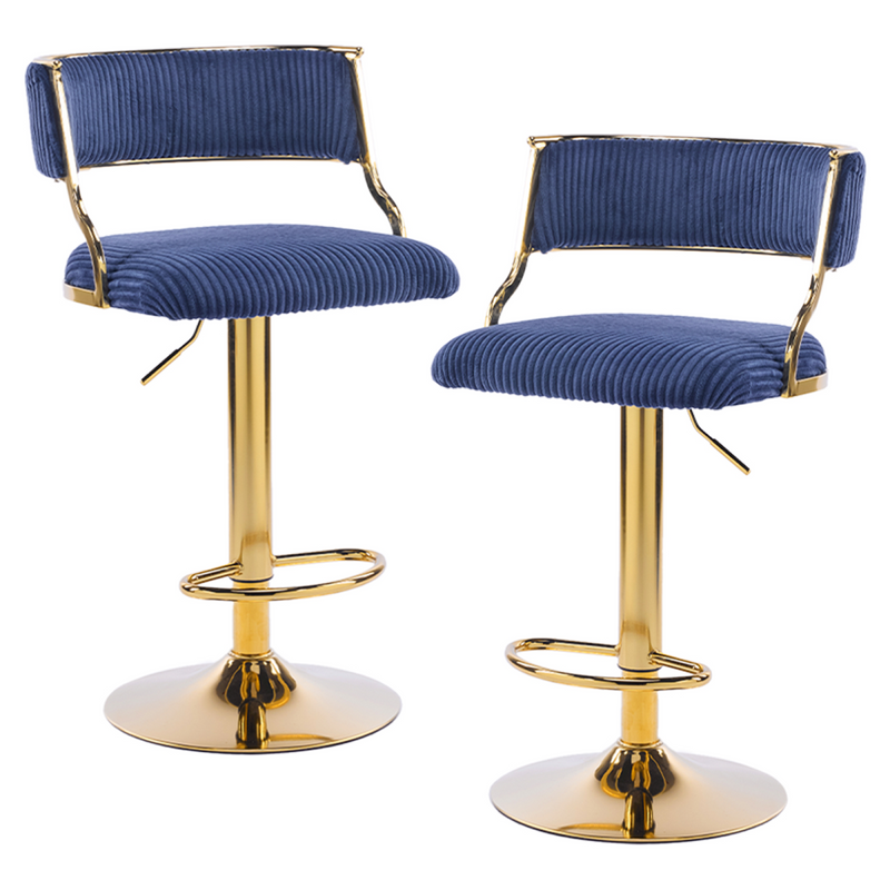 2pcs Blue Corduroy Swivel Bar Stools with Gold Plated Trumpet Base and Height Adjustable Gas Lift