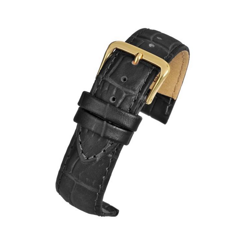 Black Padded Crocodile Grain Leather Watch Strap 20mm