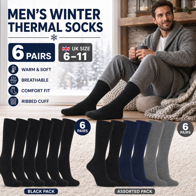 6 Pack Men's Thermal Boot Socks Warm Work Socks Reinforced Heel Toe Support Insulated for Hiking Camping UK 6-11 EUR 39-45 Black Navy Grey by Sock Stack