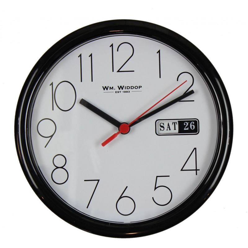Wm.Widdop Day/Date Wall Clk-Black Case White Dial 8.5"Rnd