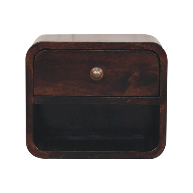 Artisan Furniture Solid Wood Mini Curved California Walnut Wall Mounted Bedside with Open Slot