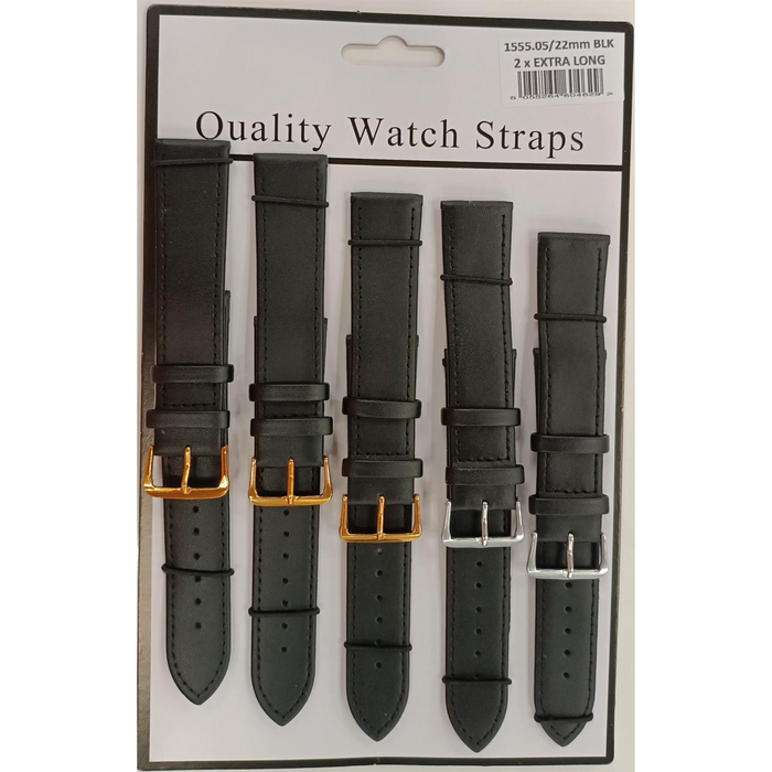 1555.05BK 22MM 2X Extra Long Black Leather Watch Straps Pack of 5