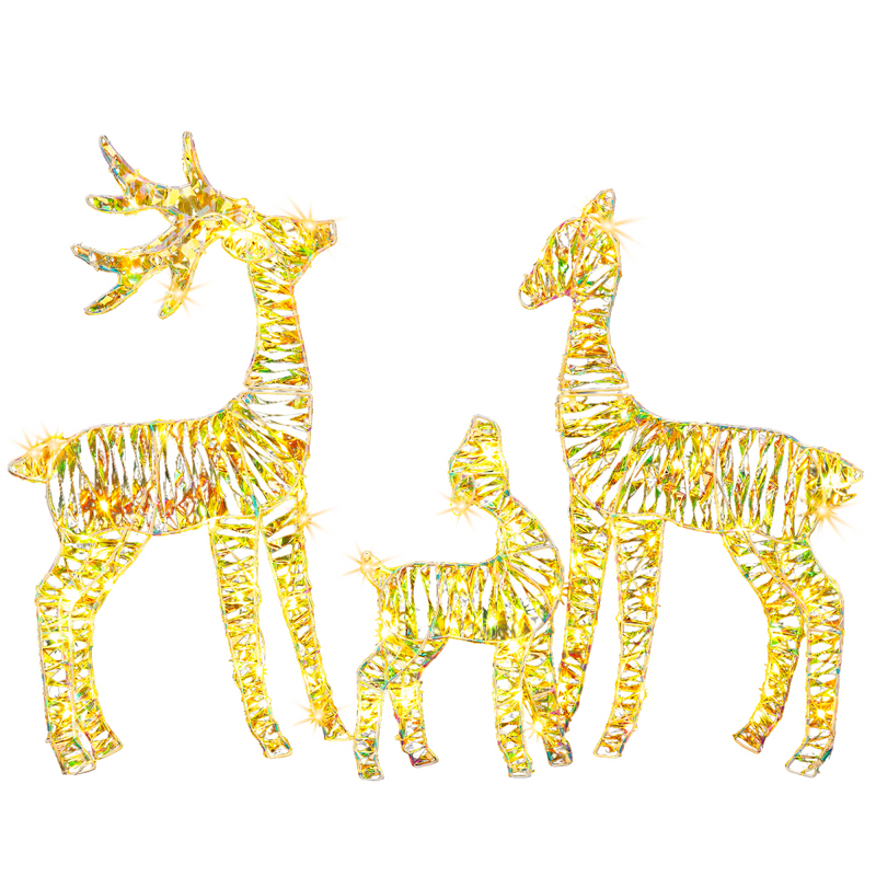 3-Piece Lighted Iridescent Christmas Reindeer Family Set Outdoor Decorations, Weather Proof Deer Family Set of 3 Christmas Ornament Home Decor Pre-lit 110 LED Warm White Lights, 2.4FT