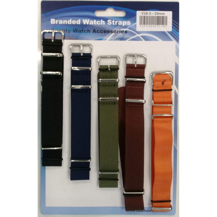 Nato style fabric watch strap 5pk assorted plain colours V18.18mm