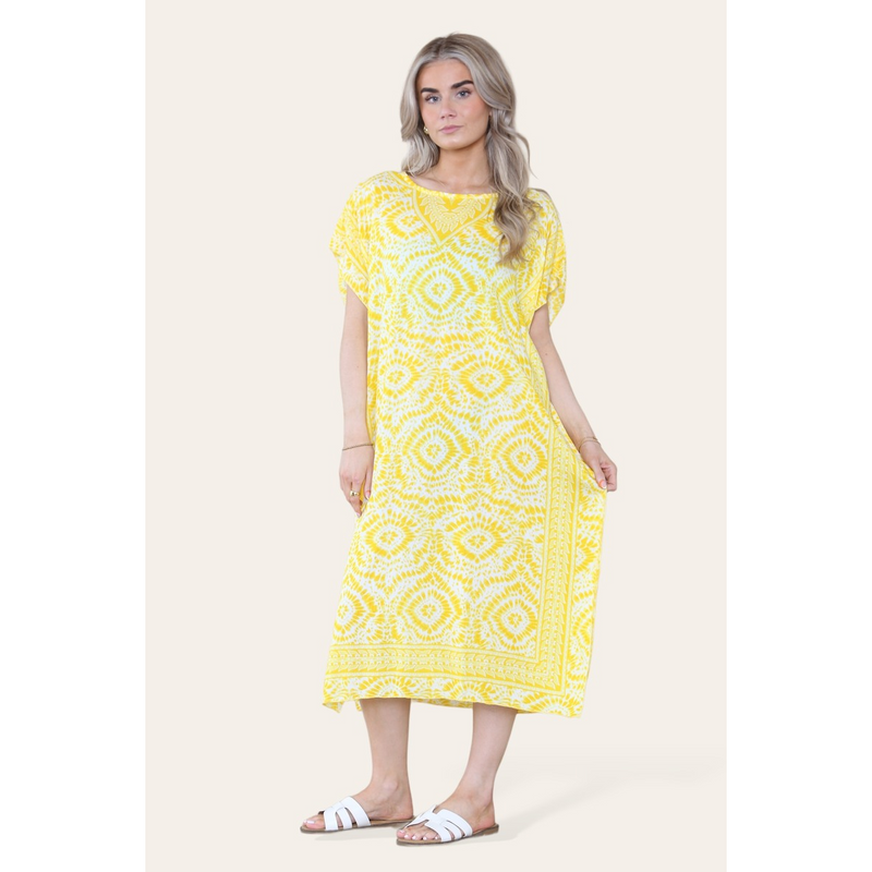 Mid-length long dress with V-neck and tie-dye print