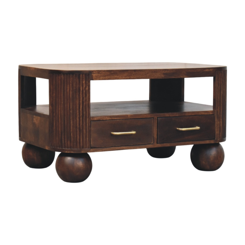 Artisan Furniture Solid Wood Sphere Leg Coffee Table, 2 Drawers And Open Slot, Dark Brown