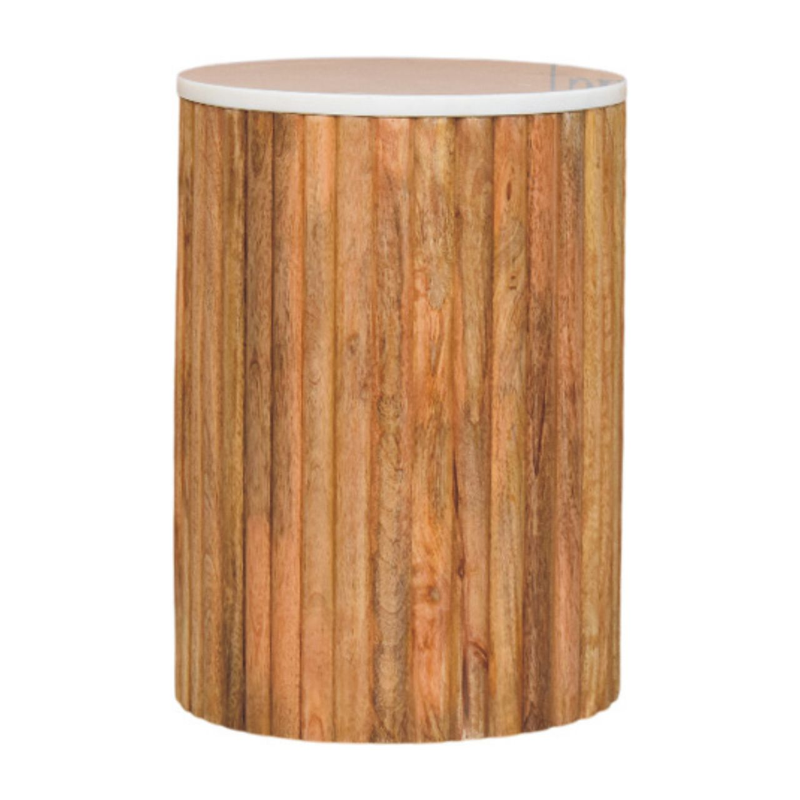 Artisan Furniture Solid Wood Fluted Marble Side Table, Brown & White