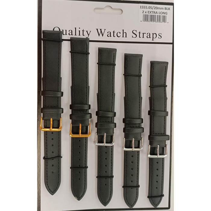 1555.05BK 20MM 2X Extra Long Black Leather Watch Straps Pack of 5