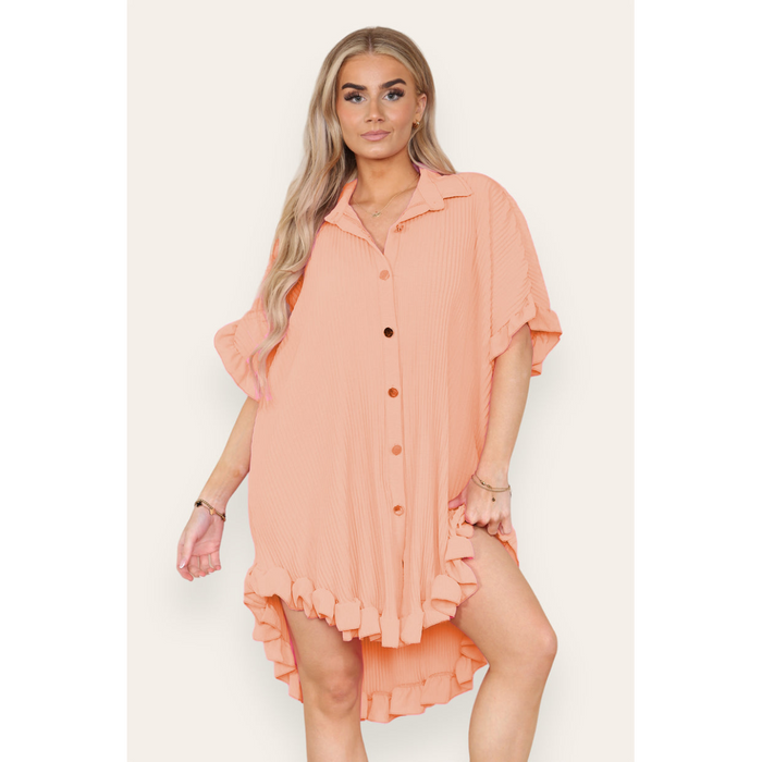 Over Sized Italian Gold Button Pleated Frill Ruffle TikTok Dress Top