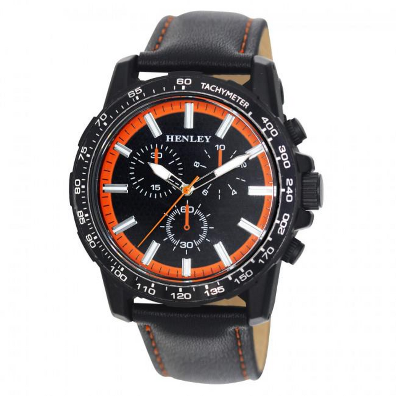 Henley Mens Satin Black Sports Coloured Stitch Multi Eye Watch Black/Orange H03015.8