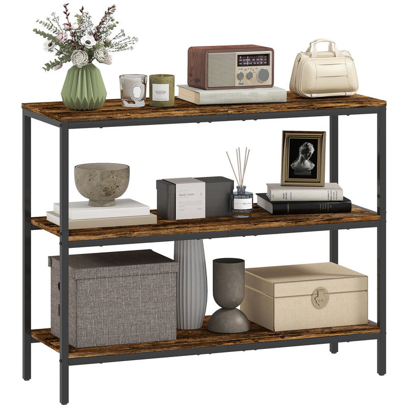HOMCOM Industrial Console Table with 3-Tier Storage Shelves Rustic Brown