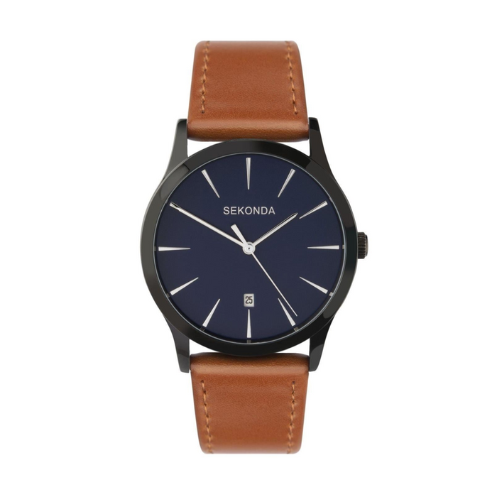 Sekonda Mens Quartz Dated Blue Dial Brown Leather Strap Watch 1514