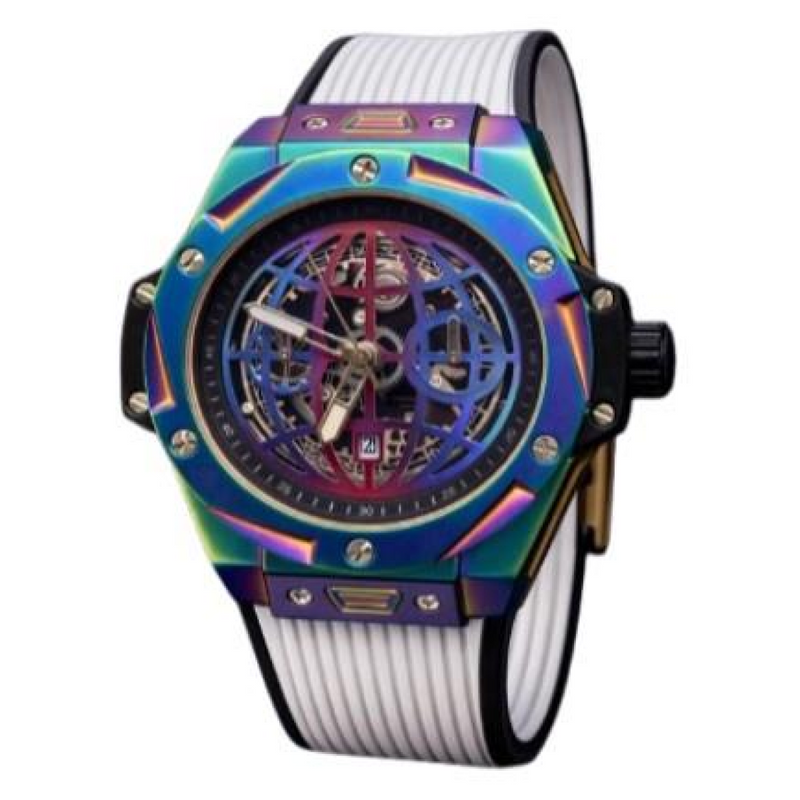 New Rainbow Watch Mens Dated Dial Analogue White Rubber Strap Watch NY London