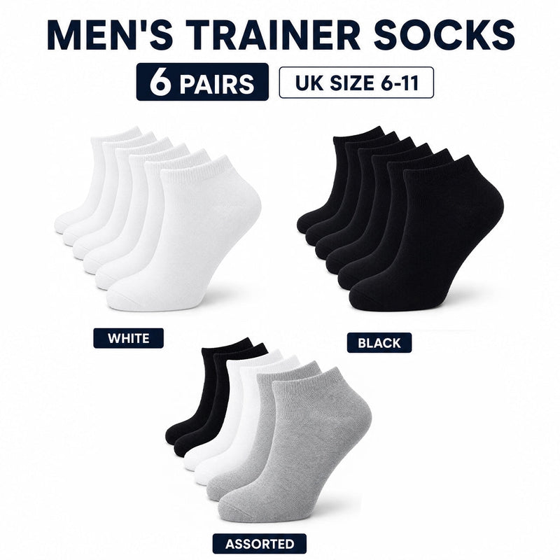 6 Pairs Mens Lightweight Breathable Cotton Blend Ankle Trainer Socks with Arch Support for Running Gym Everyday Wear in Black White Navy Grey Sizes UK 6-11 EUR 39-45 by Sock Stack