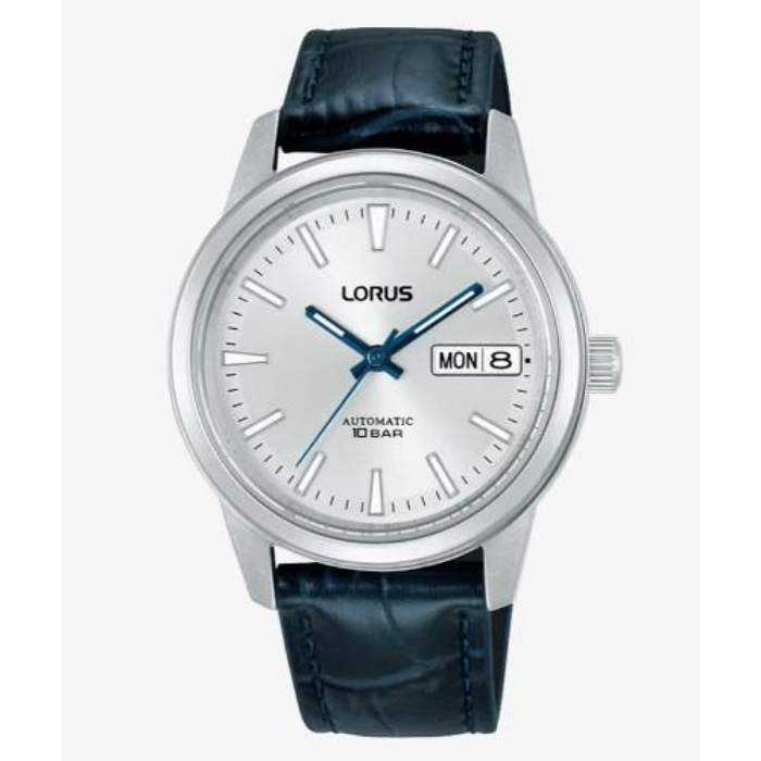 Lorus Ladies Automatic Fashion Day date Analogue Quartz Silver Sunray Dial with Blue Leather Strap Watch