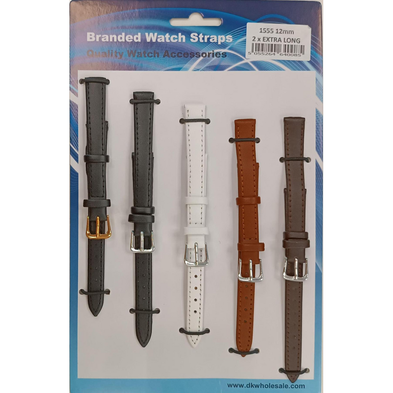 1555.05 12MM 2X Extra Long Mix Colour Leather Watch Straps Pack of 5