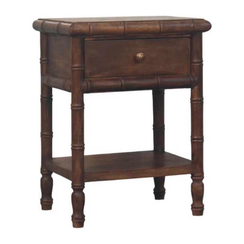 Artisan Furniture Solid Wood Bamboo Carved Bedside Table, 1 Drawer, 1 Shelf, Brown