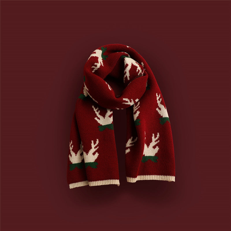 Red Knitted Scarf With Elk Print And Snowflake Pattern Designed For Warmth